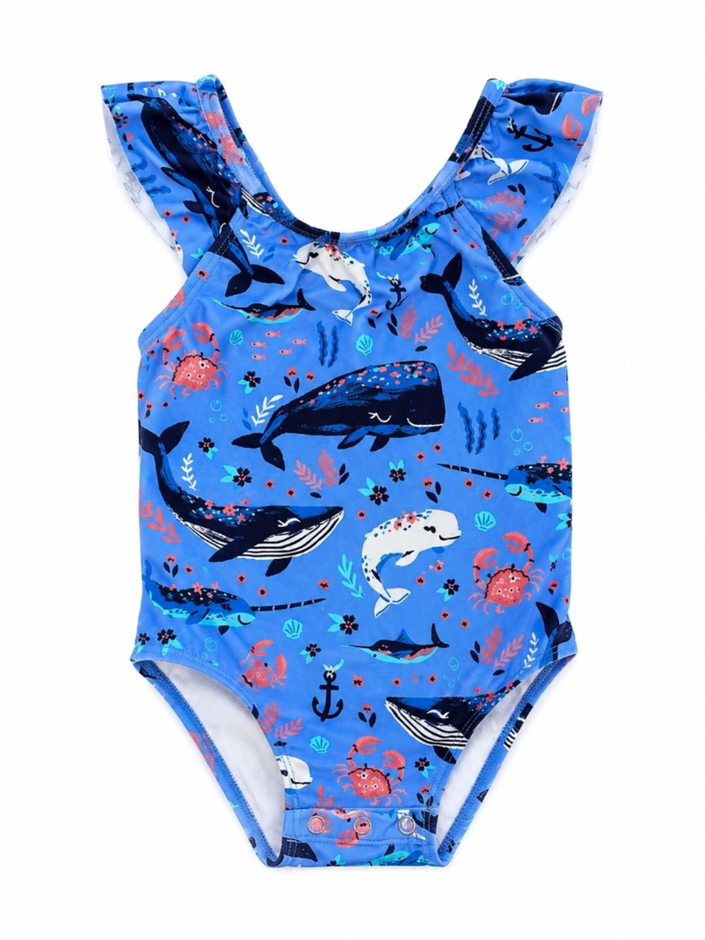 Hatley Whale Print One Piece Swimsuit 9-12M Blue Ocean Flutter Sleeve Baby Girl